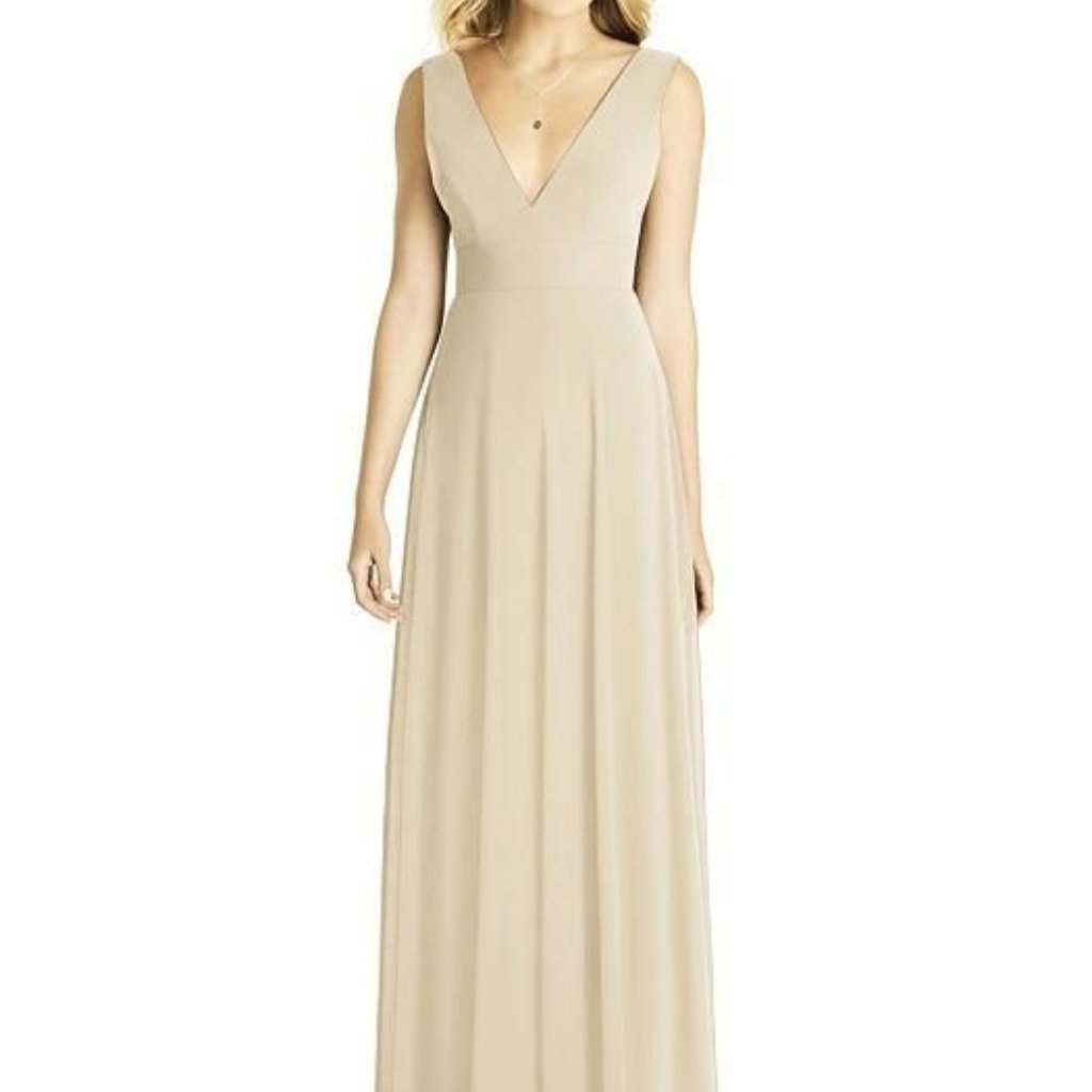 Dessy 8185....Sleeveless Deep V-Neck Open-Back Dress....Palomino...Size 8...Nwt